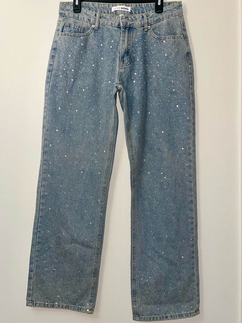 Love Soho Juniors Rhinestone Light Wash Relaxed Straight Leg Denim Jeans